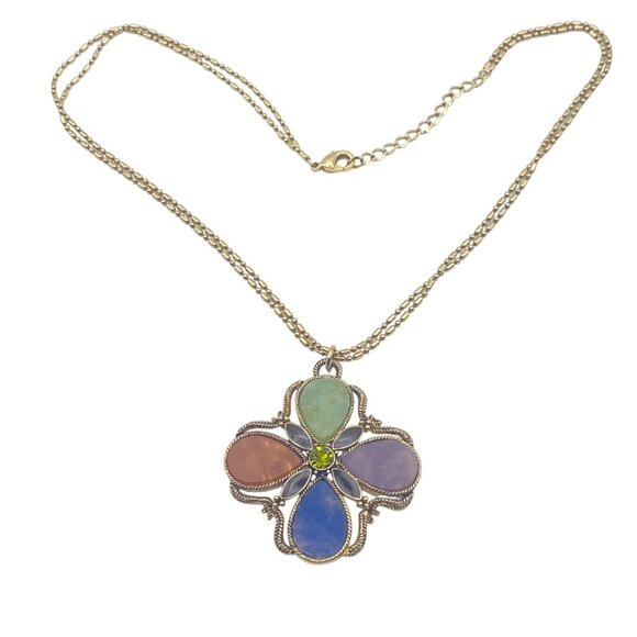 Monet Maltese Cross Pendant Necklace Multicolor Stones Gold Tone Chain 16+2" - Picture 5 of 10